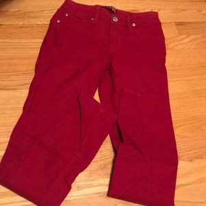 Red stretch straight leg jeans